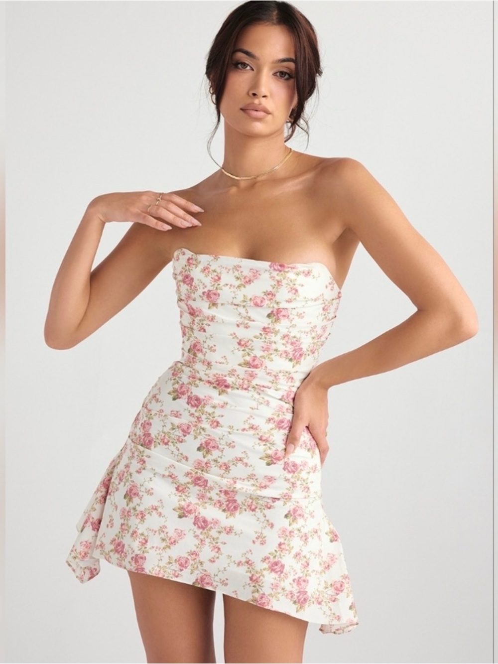 House of CB White Strapless Mini Dress with Pink Floral Print